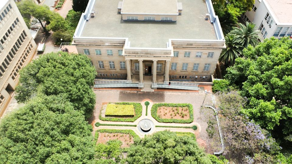 University campus buildings from above